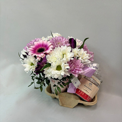 Сет "Земляника". Набор стаканчик с цветами и аромасвечой в банке 70404